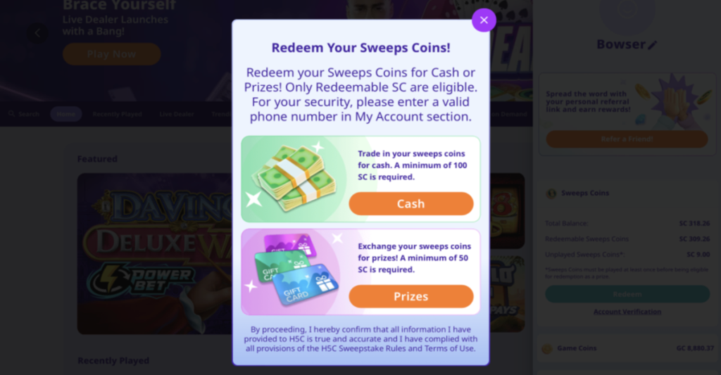 Sweeps Coin Prize Redemptions