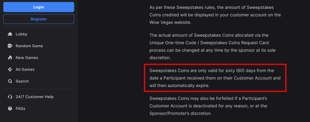 Sweeps Coins Expiration