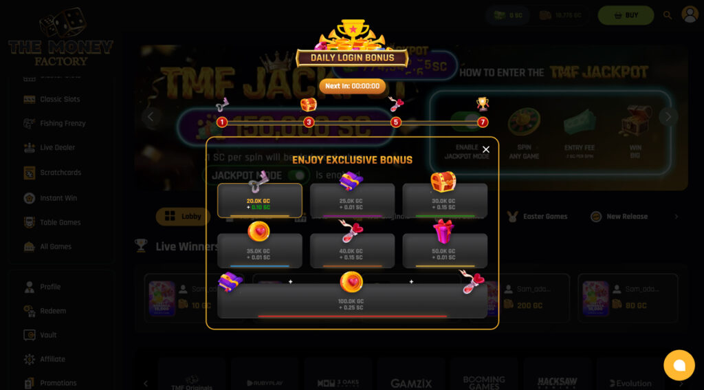 The Money Factory daily login bonus map with increasing rewards from Day 1 to Day 7
