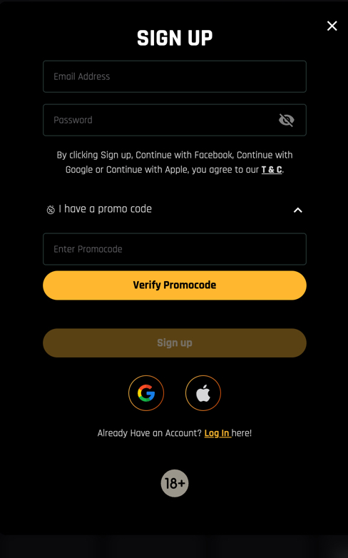 The Money Factory sign-up page showing &ldquo;I have a promo code&rdquo; box during registration