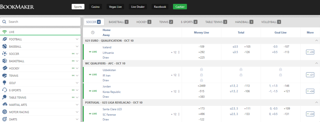 Bookmaker desktop view