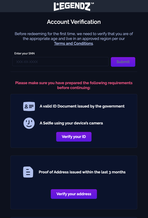 Legendz Casino Account Verification