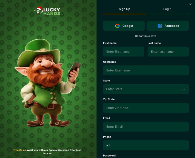 Lucky Hands Casino Login Page