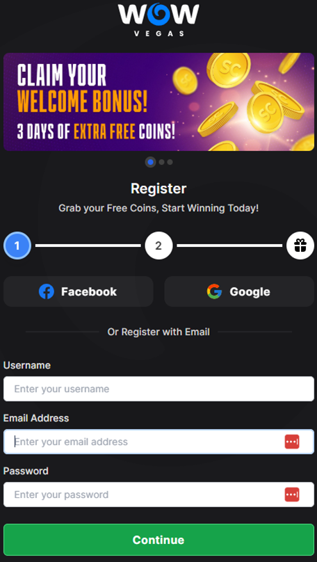 Wow Vegas Registration Form for new users