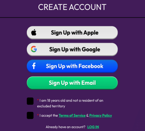 Crown Coins Casino sign-up screen showing options to register with Facebook, Google, Apple, or email