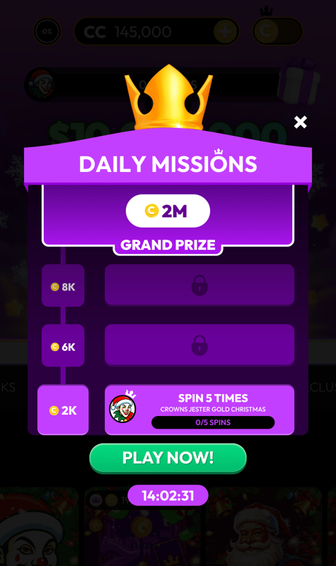 Crown Coins daily missions example with tasks and free coin rewards