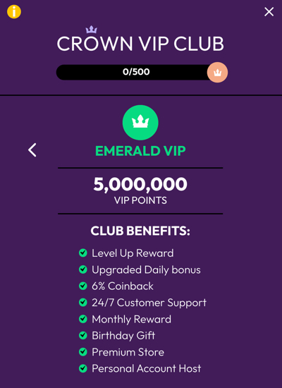 Crown Coins VIP Club Emerald tier benefits