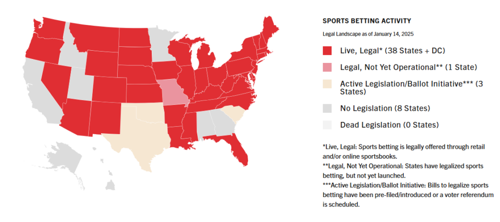 US Sports betting legal states map 