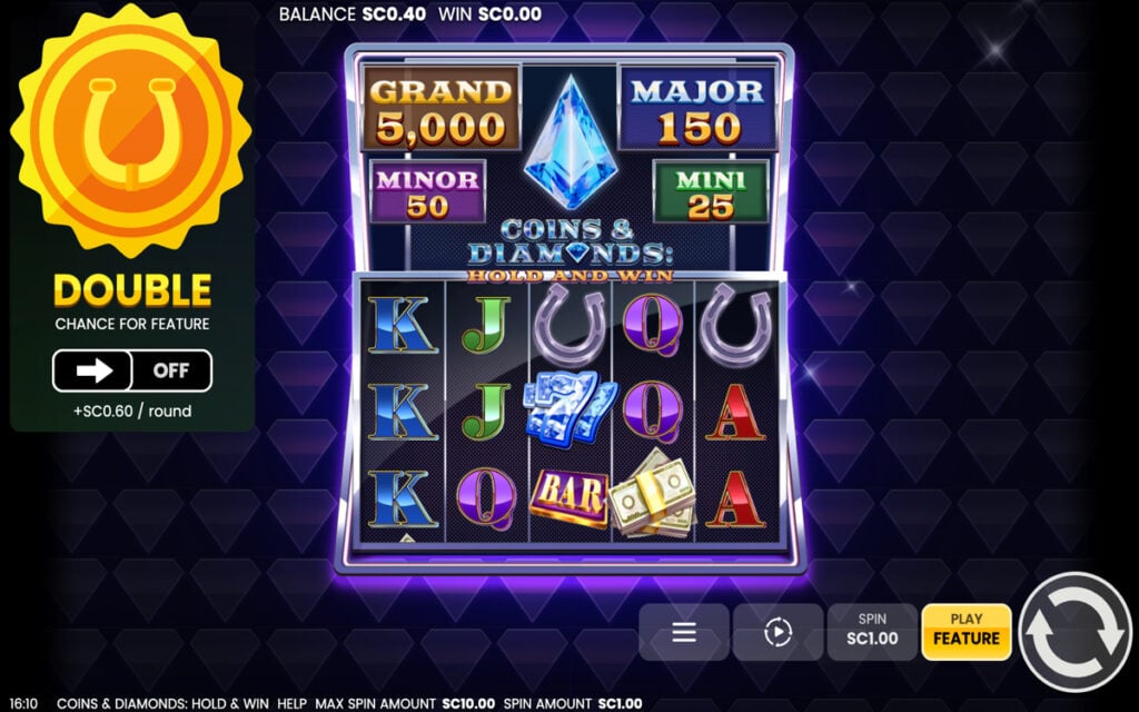 Screenshot of a player playing the Coins & Diamonds: Hold & Win Slot at Funrize Casino, ranked as the third best slot on the site.