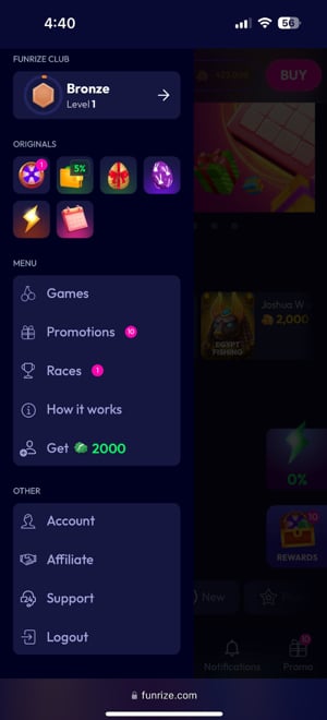 Funrize Mobile Menu & Navigation