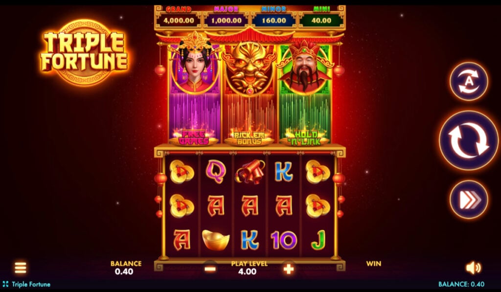 Screenshot of the Jackpot section in Funrize Casino's game library, displaying the four progressive jackpot levels for the Triple Fortune slot.