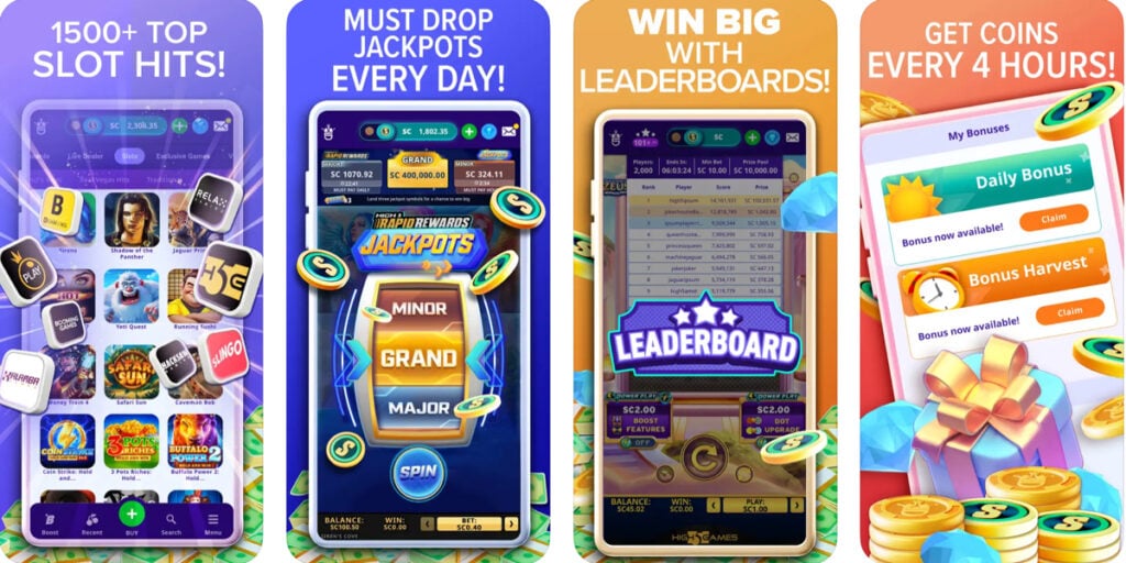 High 5 Casino mobile app in the Apple App Store showing slot games, jackpots, leaderboards, and daily bonuses