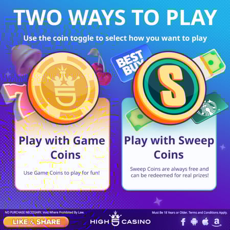 High 5 Casino two ways to play with Game Coins and Sweeps Coins virtual currencies