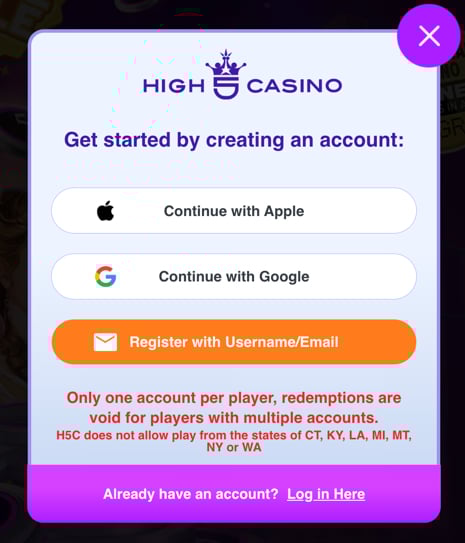 High 5 Casino sign-up page offering registration options via email, Google, or Apple ID
