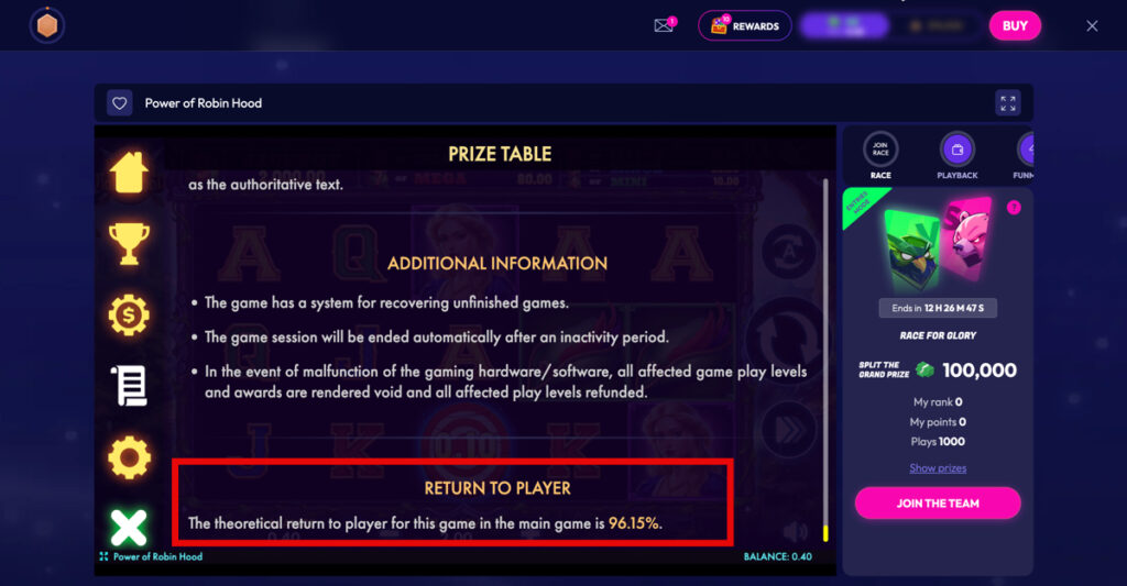 Screenshot showing the RTP percentage for the Power of Robin Hood slot at Funrize Casino, highlighted in a red box within the game's Prize Table.