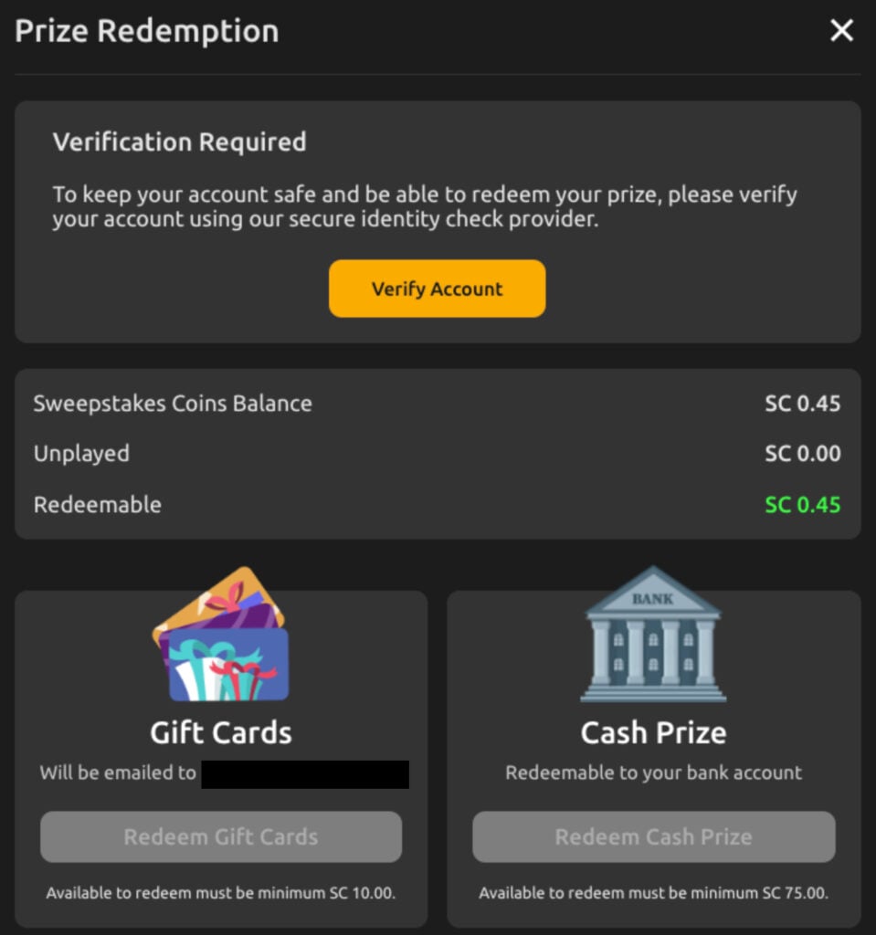 Jackpota Casino Prize Redemption options showing gift cards and cash prize methods, with a reminder to verify your account before redeeming