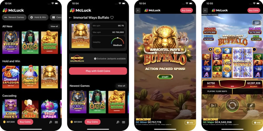 Four screenshots of the McLuck Casino: Games & Slots app in the Apple App Store, highlighting the gameplay and user interface for iOS