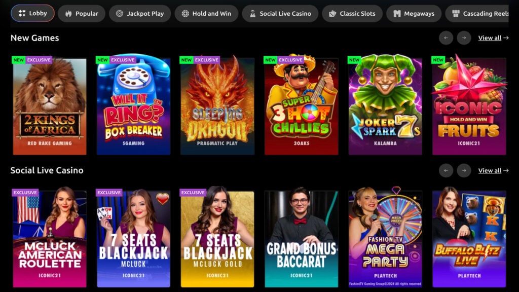 Screenshot of McLuck Casino's lobby featuring a variety of slots, live dealers, and other social casino games.