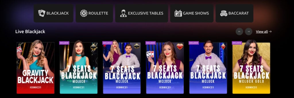 McLuck Casino’s Social Live Casino section featuring live dealer games like blackjack, roulette, baccarat, and more