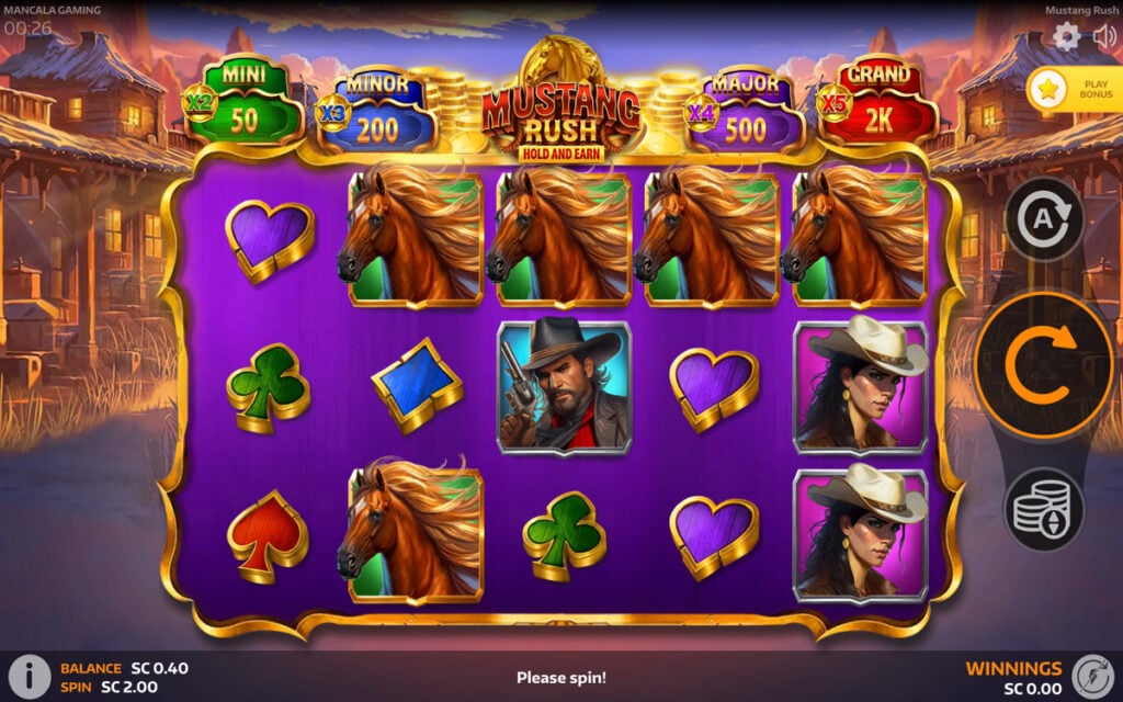 Screenshot of Mustang Rush slot game, featured as one of the games you can play with a Louisiana no-deposit bonus.