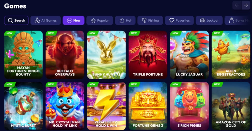 Screenshot of the "New" slot games tab at Funrize Casino, showing the recently added slot titles in the game library.