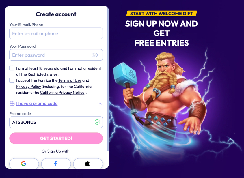 Screenshot of the Funrize registration page, showing how to enter a promo code for a no-deposit bonus.