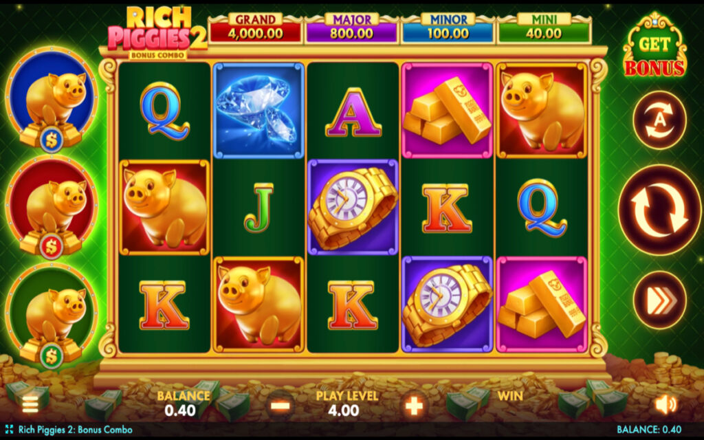 Screenshot of a player playing the Rich Piggies 2 Bonus Combo Slot at Funrize Casino, ranked as the fourth best slot on the site.