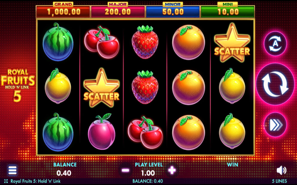 Screenshot of a player playing the Royal Fruits 5 Hold'N'Link Slot at Funrize Casino, ranked as the second best slot on the site.