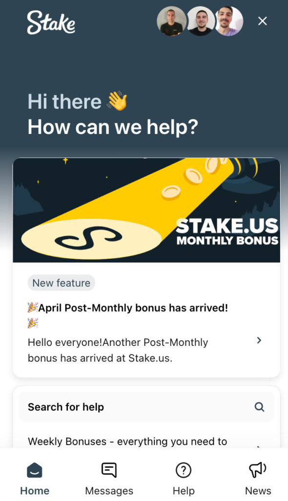 Live chat feature on Stake.us showing a messaging window with customer support and tabs linking to news and help articles.