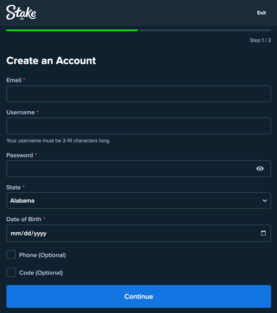 Stake.us registration page with sign-up form to create a new account, including email, username, password, state, and date of birth.