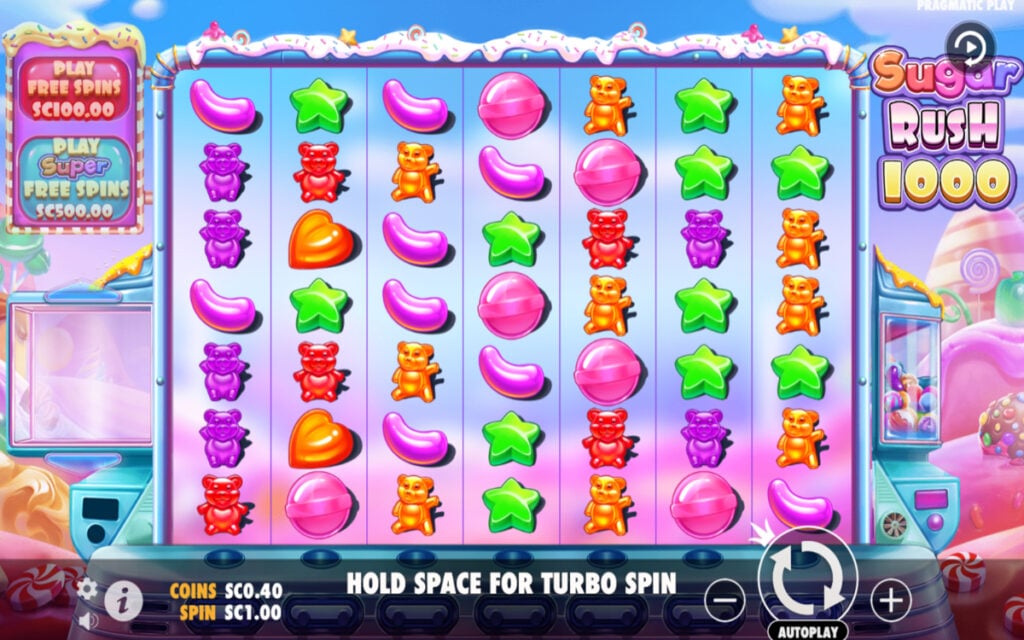 Sugar Rush 1000 slot by Pragmatic Play featuring colorful candy symbols at a Nebraska online casino