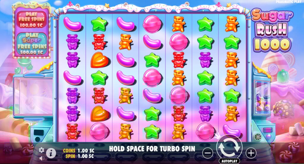 Colorful Sugar Rush 1000 slot game by Pragmatic Play with candy symbols, available at Kentucky sweepstakes casinos.