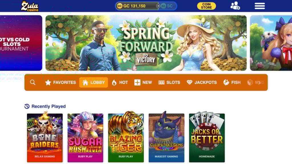 Zula Casino desktop lobby displaying a variety of games and current promotions featured on the homepage