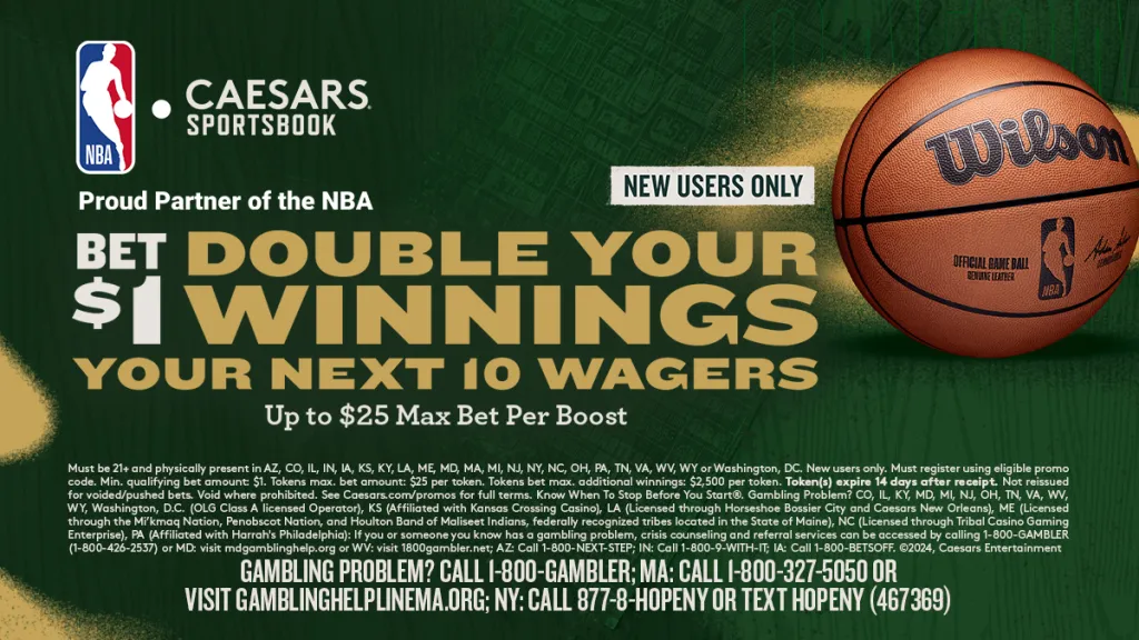 Caesars Sportsbook Bet $1 and Double Your Winnings promo featuring 10 profit boost offers for new users