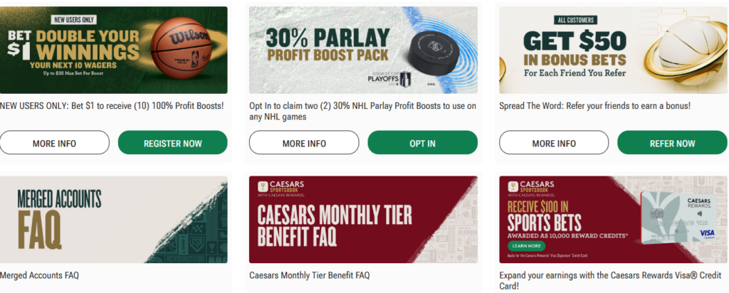 Caesars Sportsbook daily player promotions including profit boosts and bonus bet offers