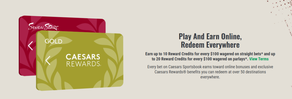 Caesars Sportsbook player rewards program showing loyalty tiers, points, and perks