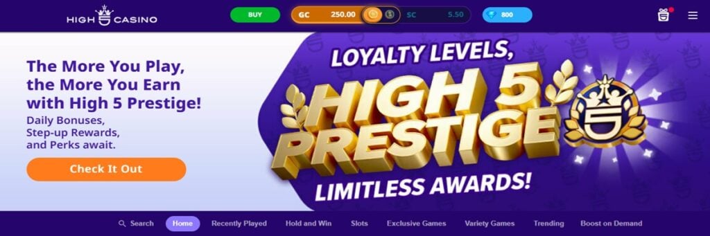 High 5 Casino VIP Rewards Program screen showing loyalty tiers, points, and exclusive member benefits.