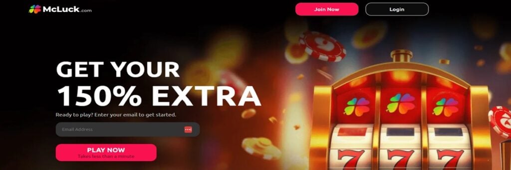 McLuck Casino promo showing 150% extra bonus on first purchase with vibrant casino-themed graphics.