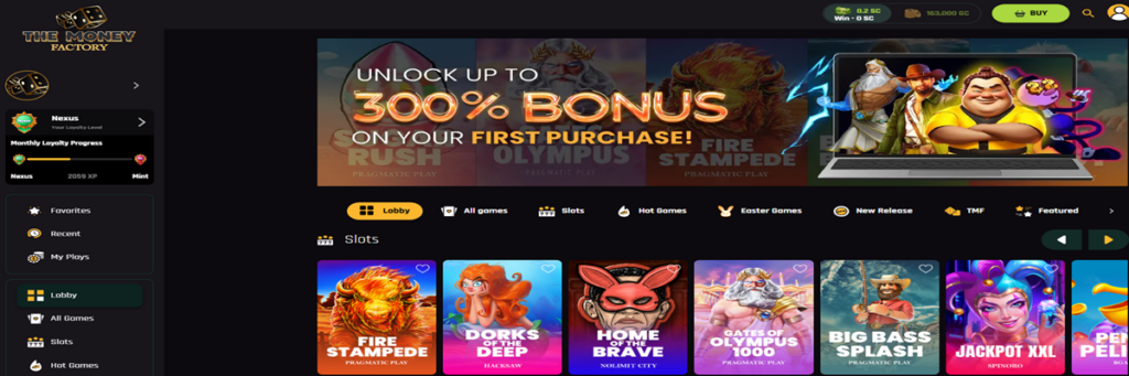 The Money Factory Casino offering 300% extra bonus on first purchase with sleek black-themed design.