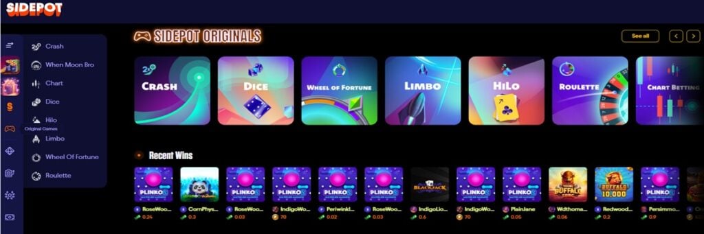 Sidepot Casino featuring original games and a live feed of recent winners with colorful game graphics.