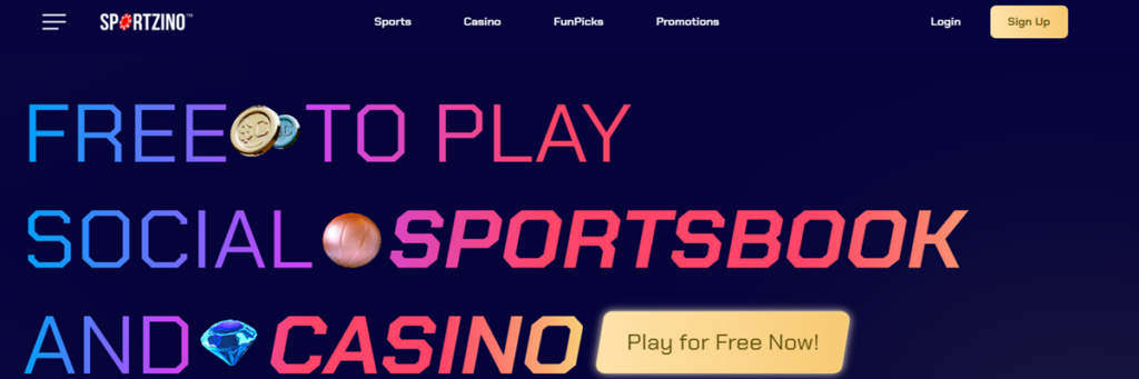 Sportzino Casino showcasing a sweepstakes-style sportsbook and casino with game icons and betting options.