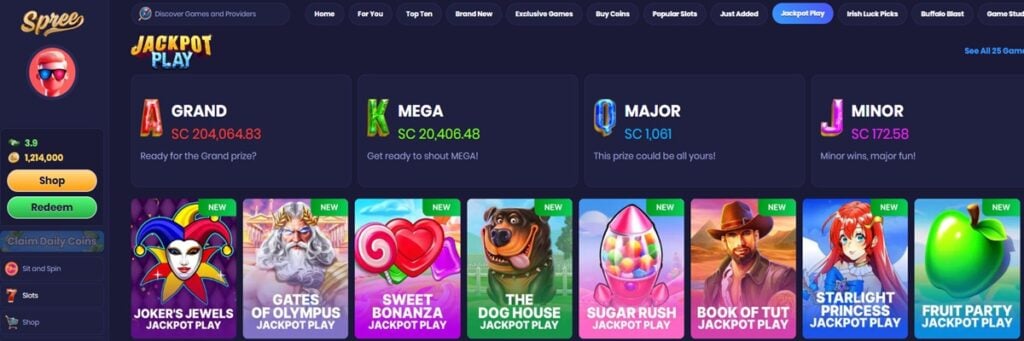 Spree Casino image highlighting jackpot slots with colorful reels and big win graphics.