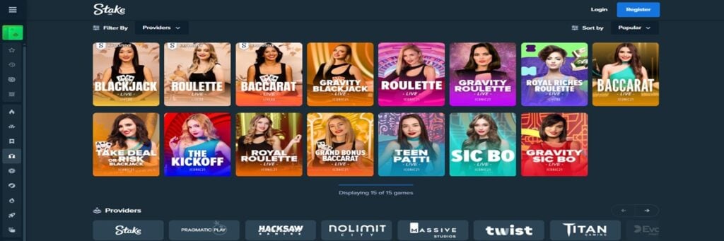 Stake.us live casino image showing real dealers hosting table games in a professional studio setting.