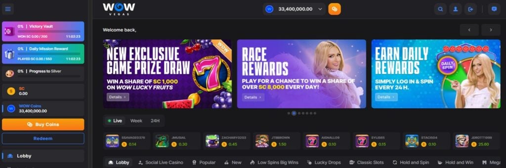 WOW Vegas Casino with Paris Hilton highlighting current player rewards and promotional offers.
