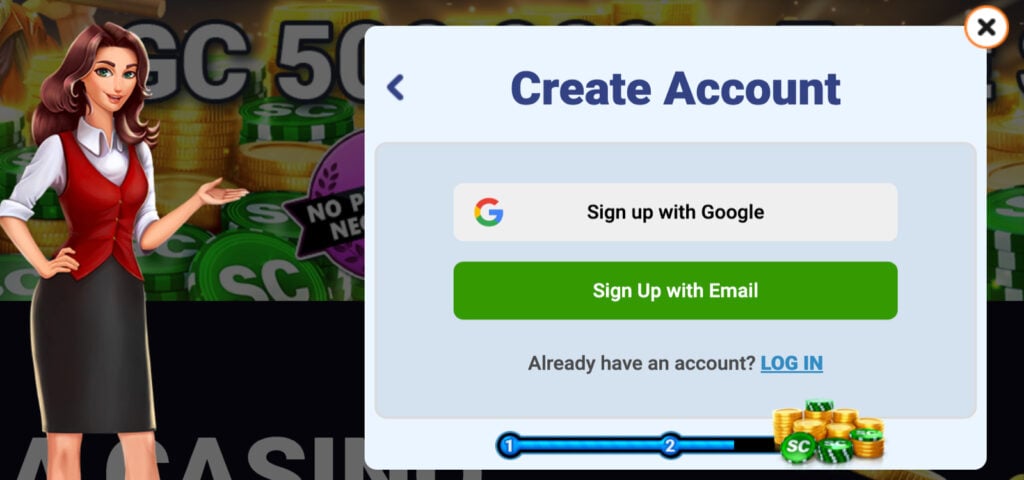 Baba Casino's "Create Account" page, offering sign-up options with email address or Google account.