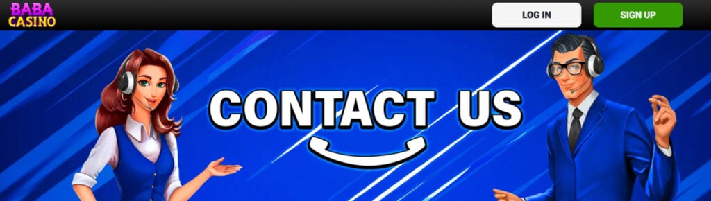 Baba Casino's 'Contact Us' website page, where players can submit a request or contact form for support.
