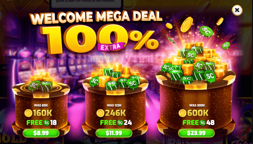 Baba Casino 100% Welcome Mega Deal showing three first-purchase bonus offers with double Sweeps Coins