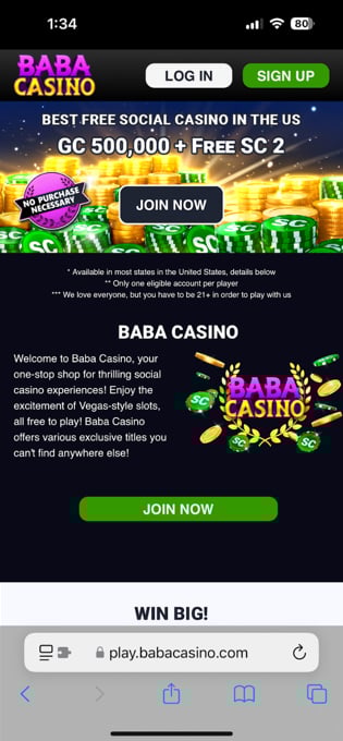 Homepage of BabaCasino.com on mobile, highlighting its claim as the best free social casino in the U.S.