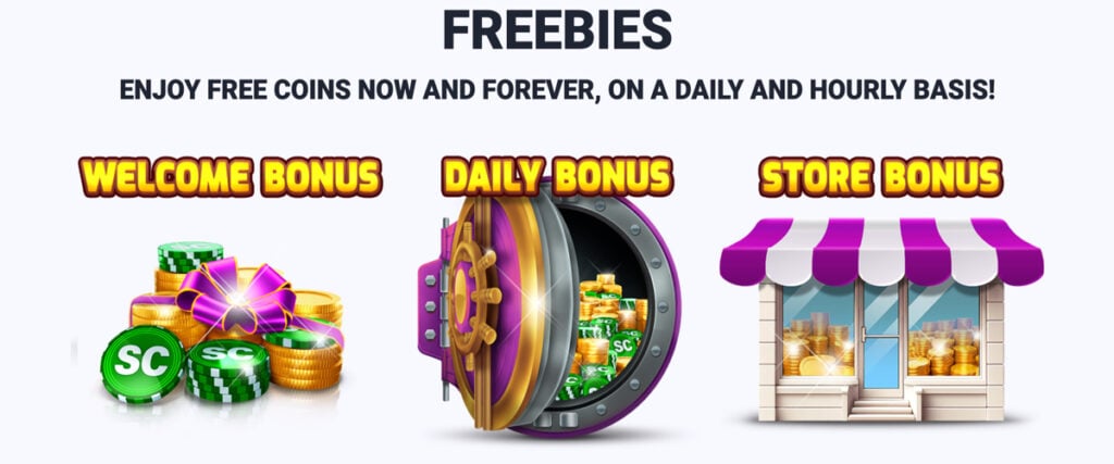 Baba Casino showing ways to earn free coins, including welcome bonus, daily rewards, and store bonuses