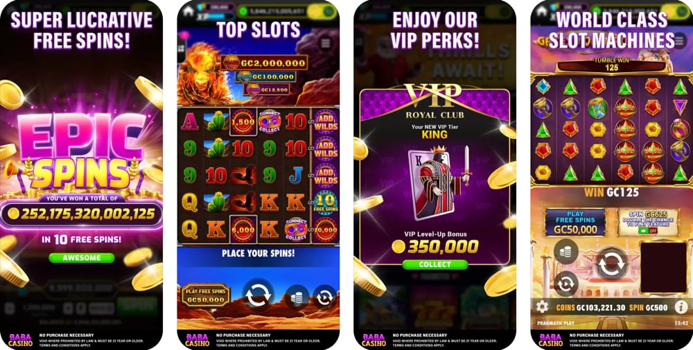 Baba Wild Slots app graphic showing slot machines, VIP perks, and free spins available in the game.